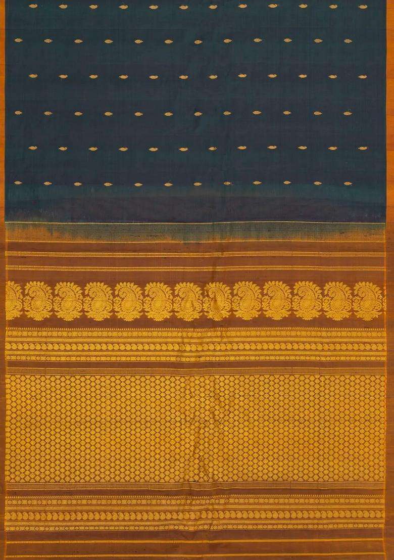 Bottle Green Handloom Gadwal Silk Cotton Saree With Buttas With Buttas And Brocade Design For Women - Indya