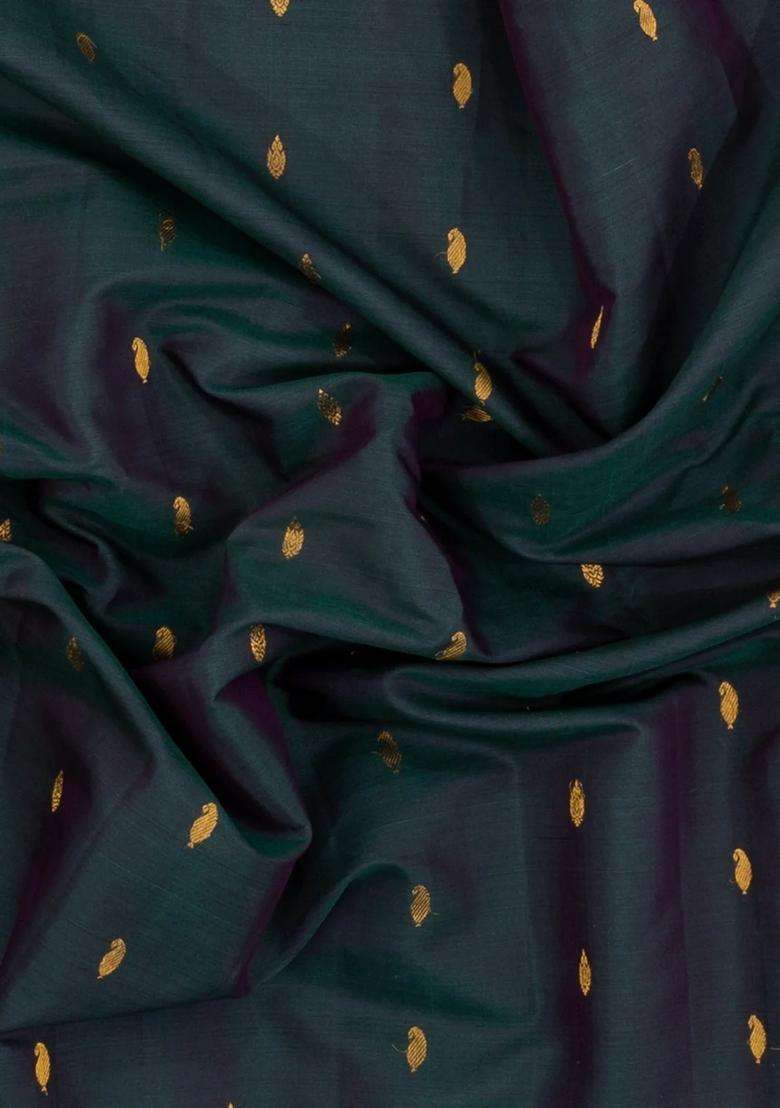 Bottle Green Handloom Gadwal Silk Cotton Saree With Buttas With Buttas And Brocade Design For Women - Indya