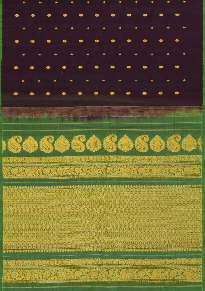 Dark Brown Handloom Gadwal Silk Cotton Saree With Buttas With Buttas And Brocade Design For Women - Indya