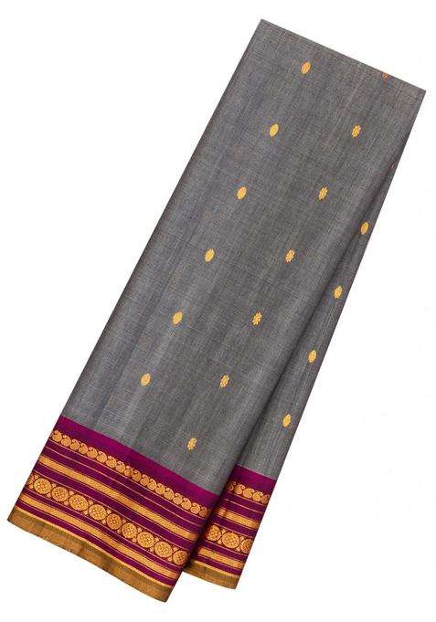 Grey Handloom Gadwal Silk Cotton Saree With Buttas With Buttas And Brocade Design For Women