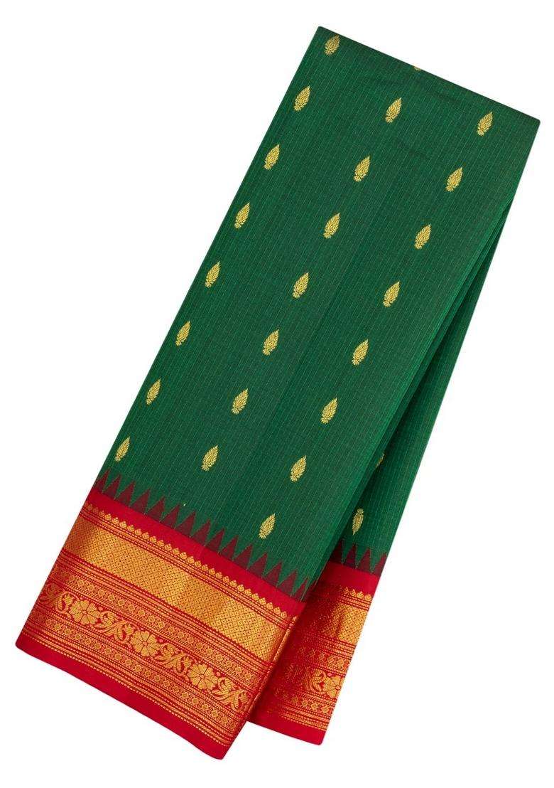 Green Handloom Gadwal Sico Saree With Cotton Body Silk Border With Buttas And Brocade Design For Women - Indya