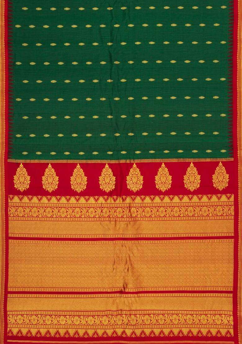 Green Handloom Gadwal Sico Saree With Cotton Body Silk Border With Buttas And Brocade Design For Women - Indya