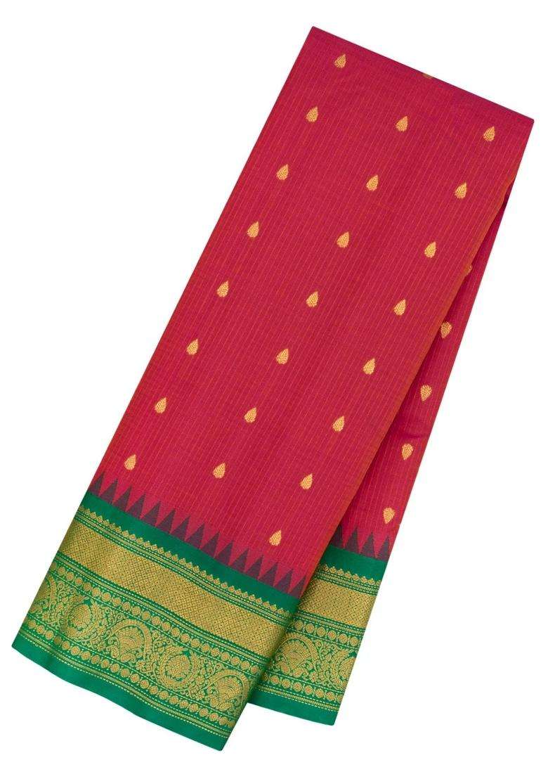 Red Handloom Gadwal Sico Saree With Cotton Body Silk Border With Buttas And Brocade Design For Women - Indya