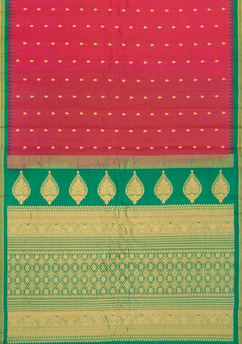 Red Handloom Gadwal Sico Saree With Cotton Body Silk Border With Buttas And Brocade Design For Women - Indya