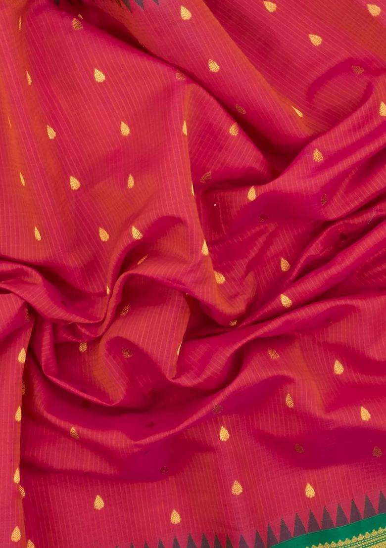 Red Handloom Gadwal Sico Saree With Cotton Body Silk Border With Buttas And Brocade Design For Women - Indya