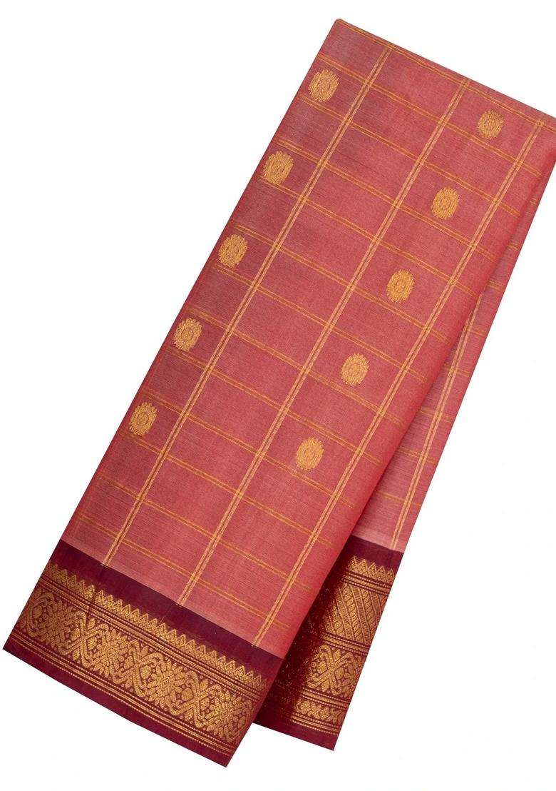 Peach Handloom Gadwal Silk Cotton Saree With Checks Buttas With Buttas And Brocade Design For Women - Indya