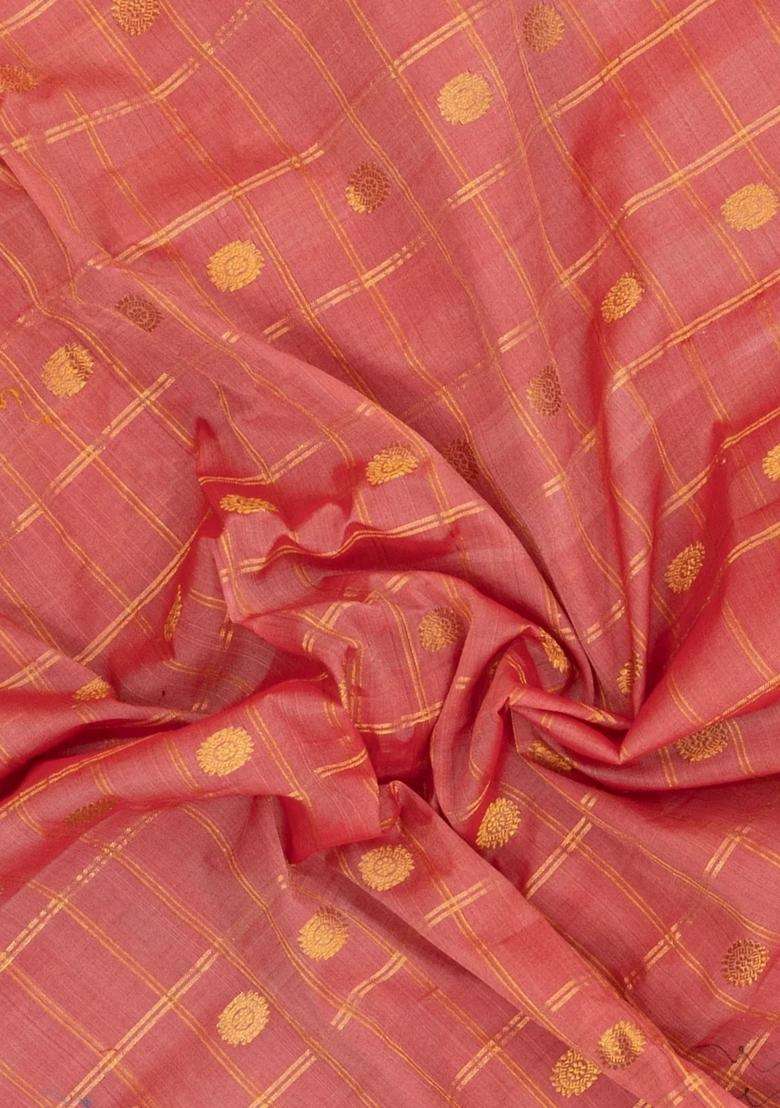 Peach Handloom Gadwal Silk Cotton Saree With Checks Buttas With Buttas And Brocade Design For Women - Indya