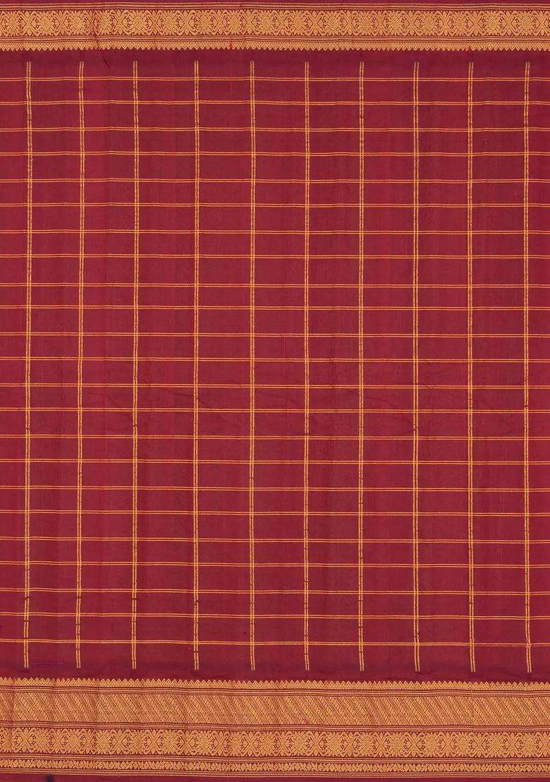 Peach Handloom Gadwal Silk Cotton Saree With Checks Buttas With Buttas And Brocade Design For Women - Indya