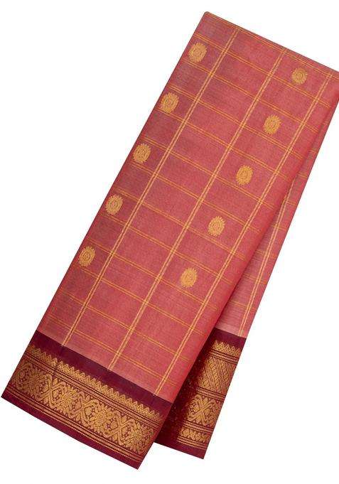 Peach Handloom Gadwal Silk Cotton Saree With Checks Buttas With Buttas And Brocade Design For Women