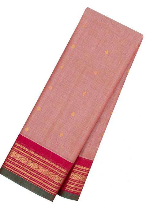 Peach Handloom Gadwal Silk Cotton Saree With Buttas With Buttas And Brocade Design For Women