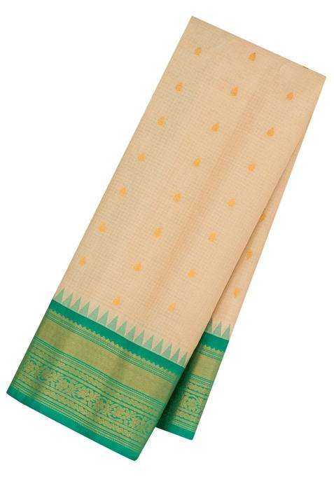 Taupe Handloom Gadwal Sico Saree With Cotton Body Silk Border With Buttas And Brocade Design For Women