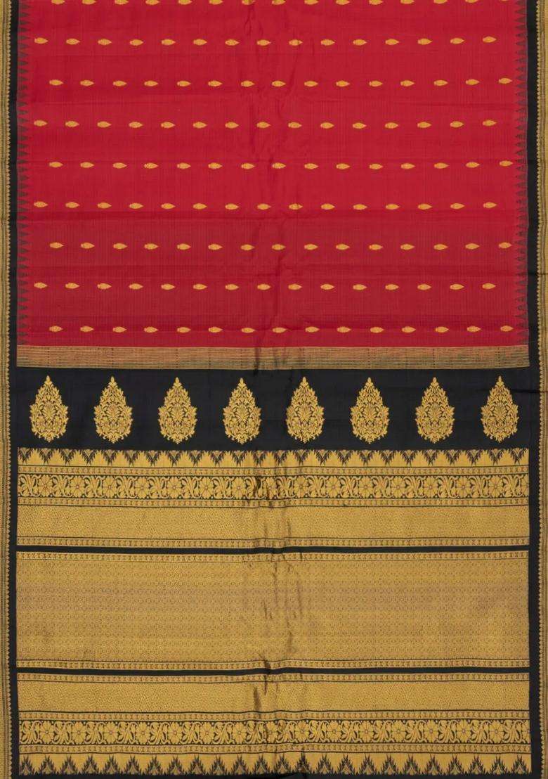 Crimson Handloom Gadwal Sico Saree With Cotton Body Silk Border With Buttas And Brocade Design For Women - Indya