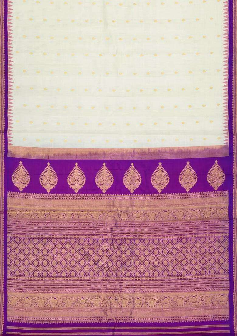 White Handloom Gadwal Sico Saree With Cotton Body Silk Border With Buttas And Brocade Design For Women - Indya