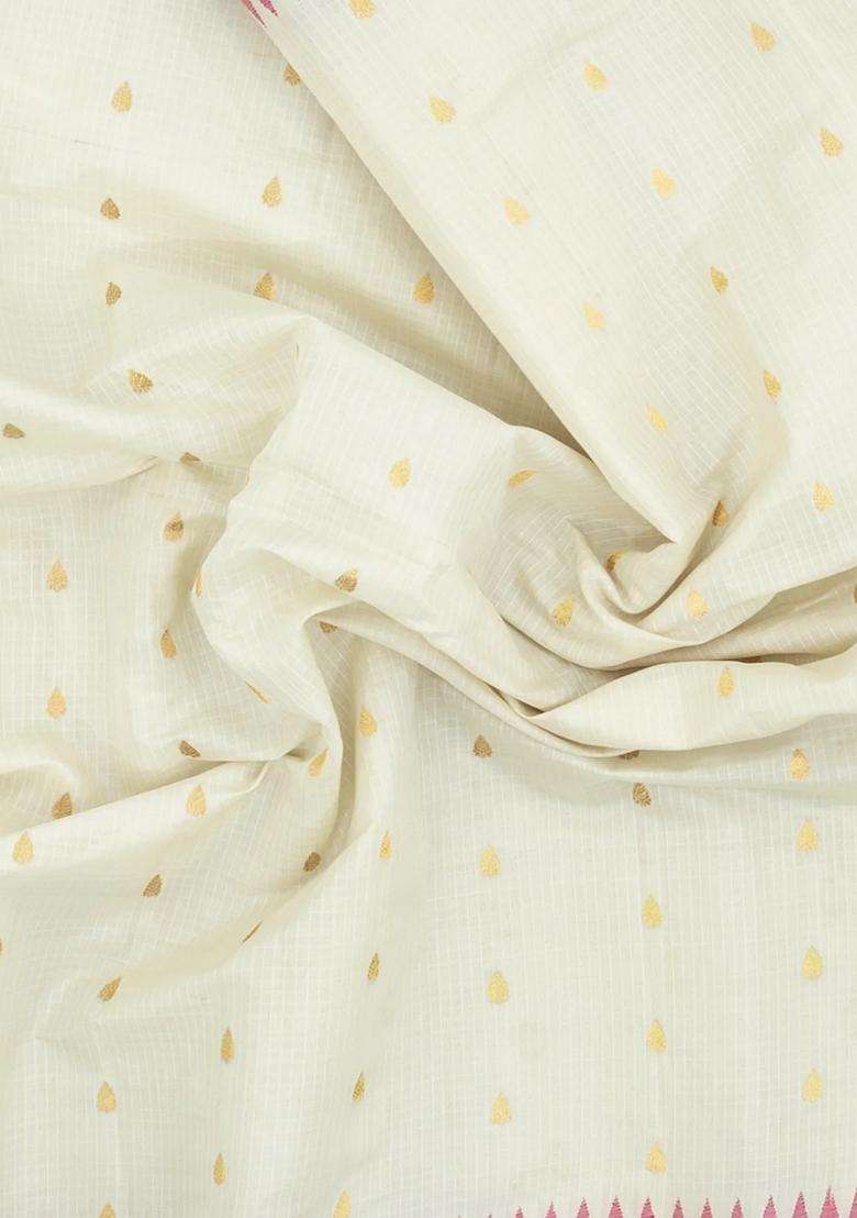 White Handloom Gadwal Sico Saree With Cotton Body Silk Border With Buttas And Brocade Design For Women - Indya