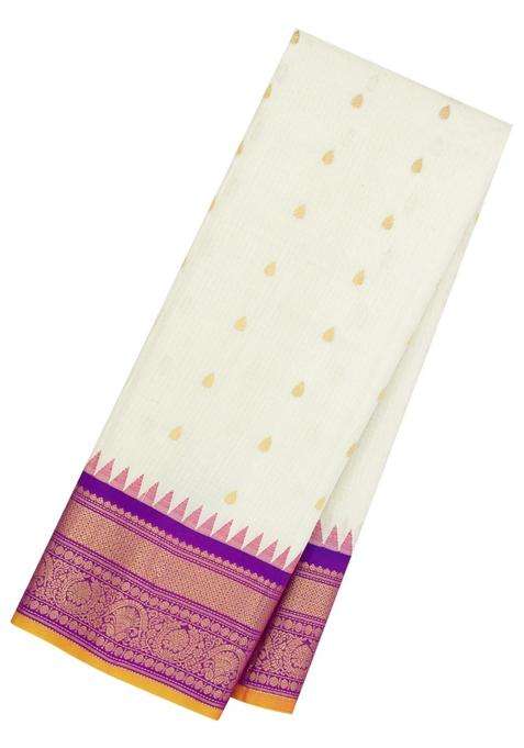 White Handloom Gadwal Sico Saree With Cotton Body Silk Border With Buttas And Brocade Design For Women