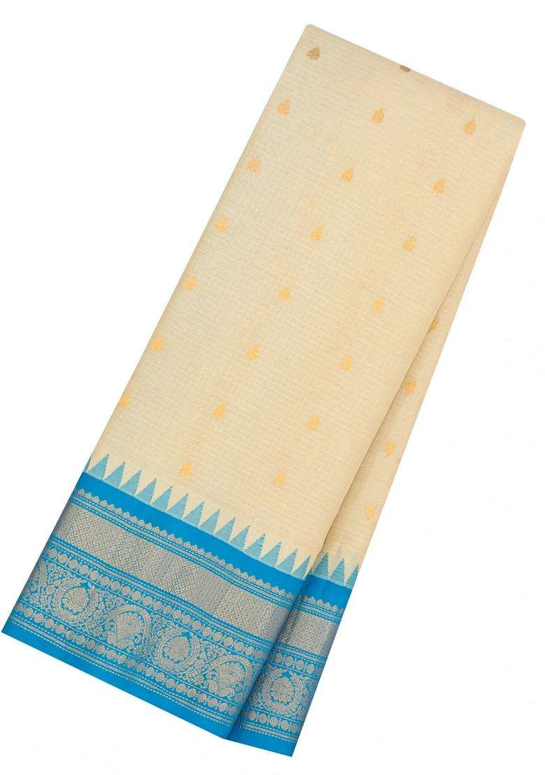 Off White Handloom Gadwal Sico Saree With Cotton Body Silk Border With Buttas And Brocade Design For Women - Indya