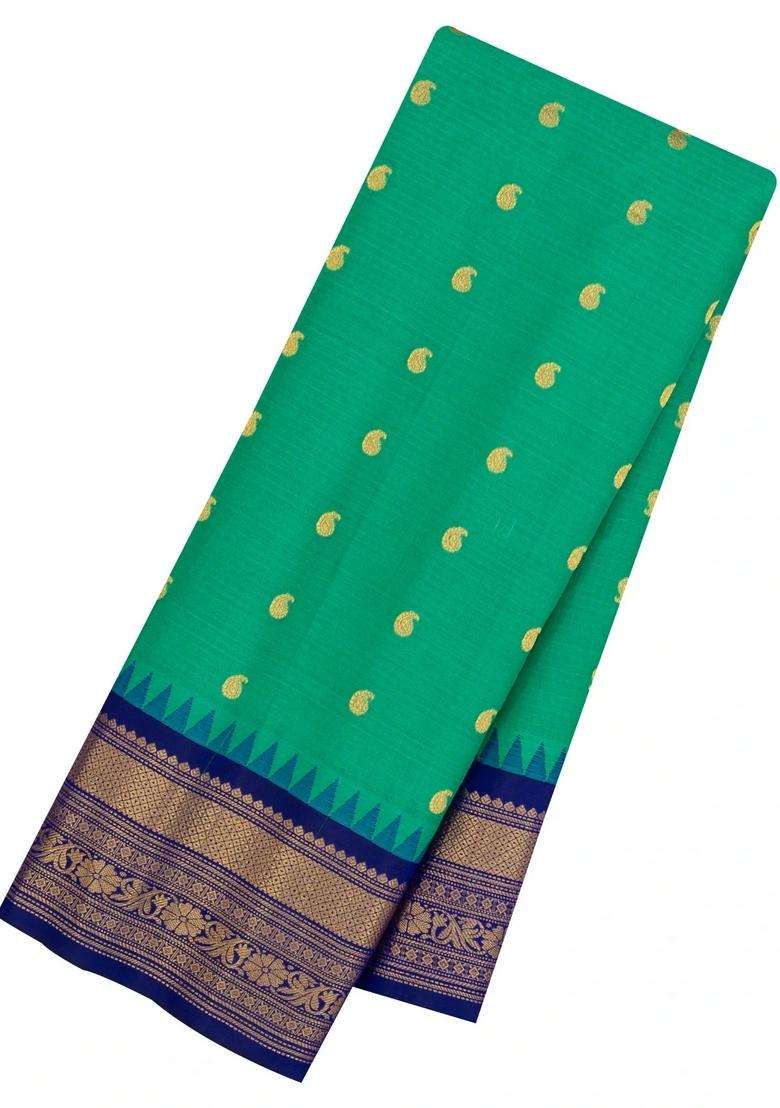 Aquamarine Handloom Gadwal Sico Saree With Cotton Body Silk Border With Buttas And Brocade Design For Women - Indya
