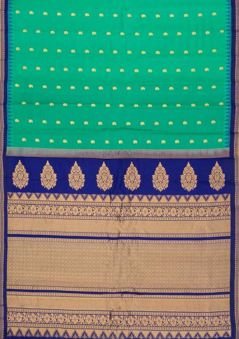 Aquamarine Handloom Gadwal Sico Saree With Cotton Body Silk Border With Buttas And Brocade Design For Women - Indya