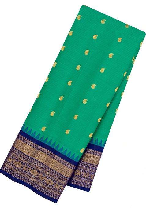 Aquamarine Handloom Gadwal Sico Saree With Cotton Body Silk Border With Buttas And Brocade Design For Women