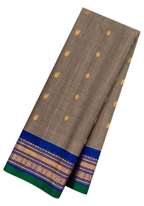 Grey Handloom Gadwal Silk Cotton Saree With Buttas With Buttas And Brocade Design For Women
