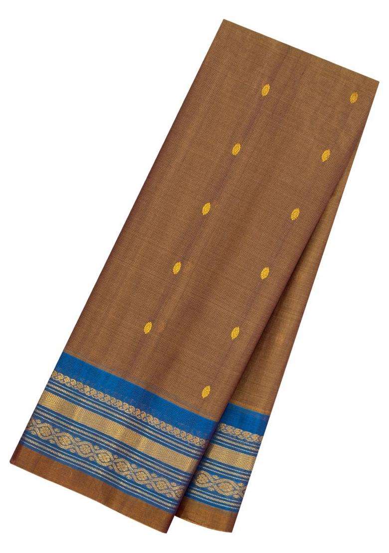 Dark Beige Handloom Gadwal Silk Cotton Saree With Buttas With Buttas And Brocade Design For Women - Indya