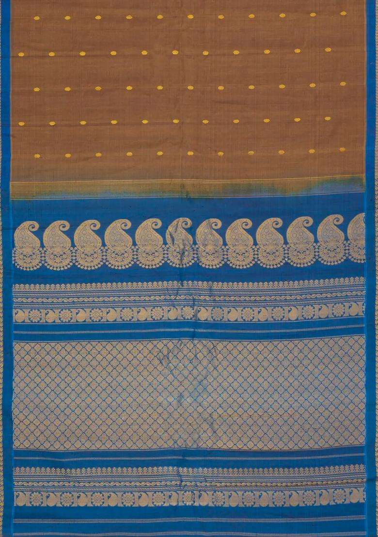 Dark Beige Handloom Gadwal Silk Cotton Saree With Buttas With Buttas And Brocade Design For Women - Indya