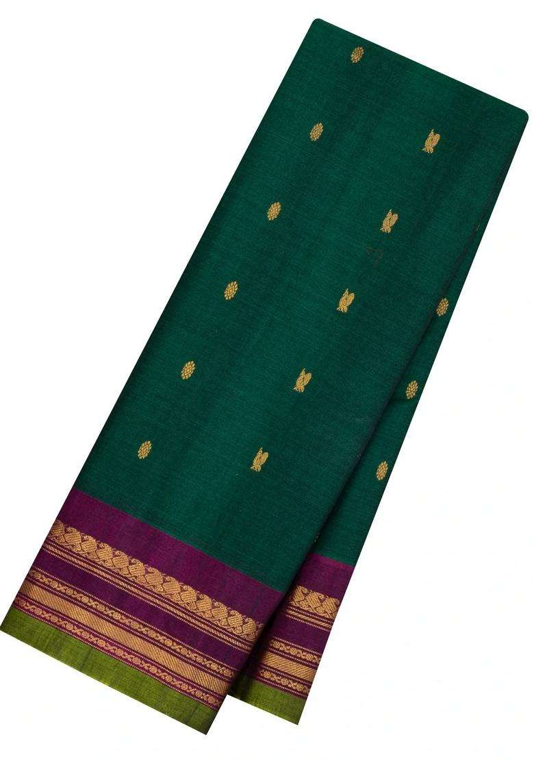 Bottle Green Handloom Gadwal Silk Cotton Saree With Buttas With Buttas And Brocade Design For Women - Indya