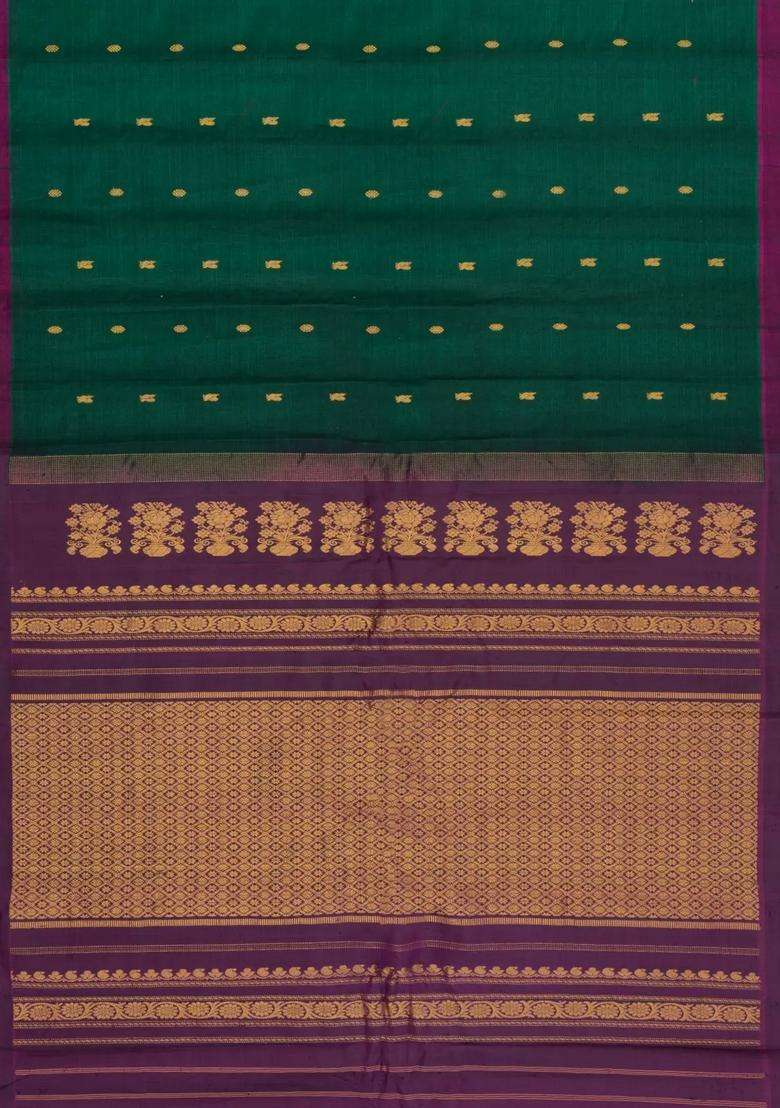 Bottle Green Handloom Gadwal Silk Cotton Saree With Buttas With Buttas And Brocade Design For Women - Indya