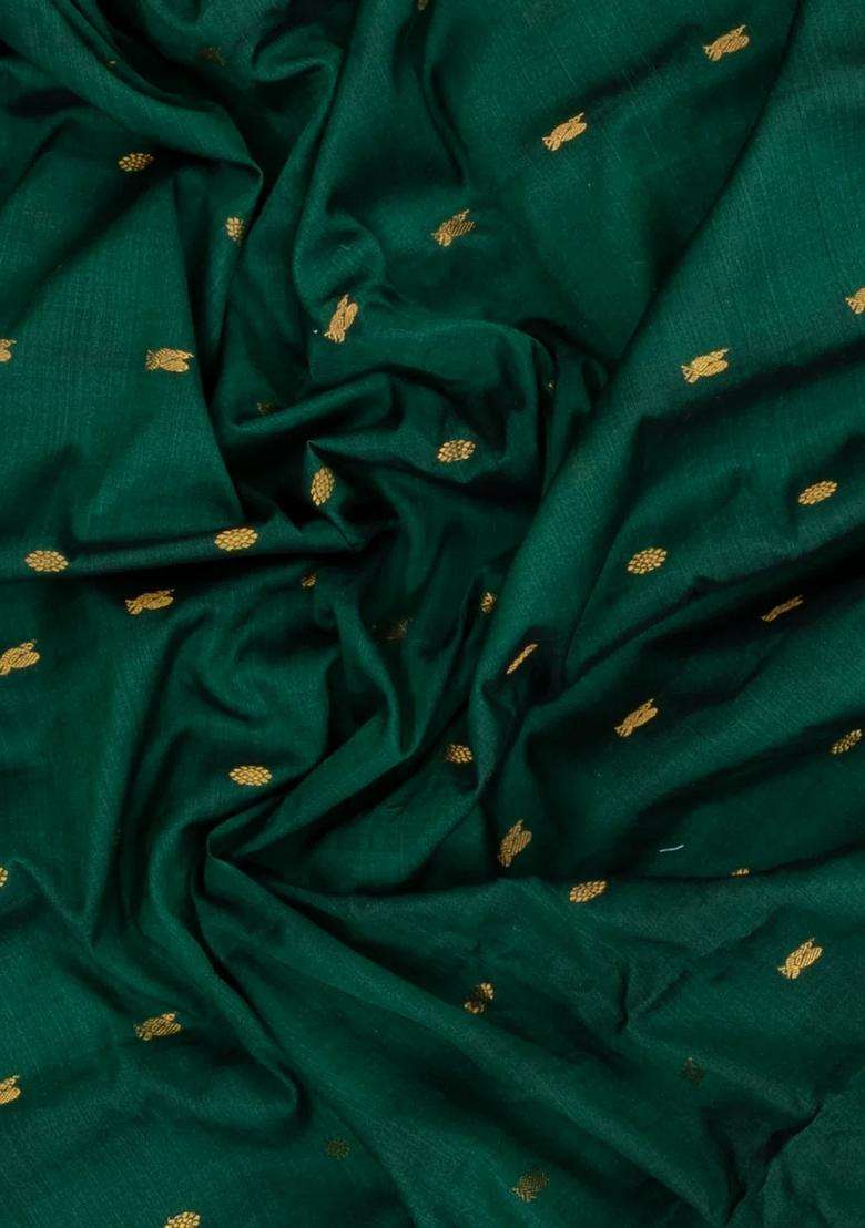 Bottle Green Handloom Gadwal Silk Cotton Saree With Buttas With Buttas And Brocade Design For Women - Indya
