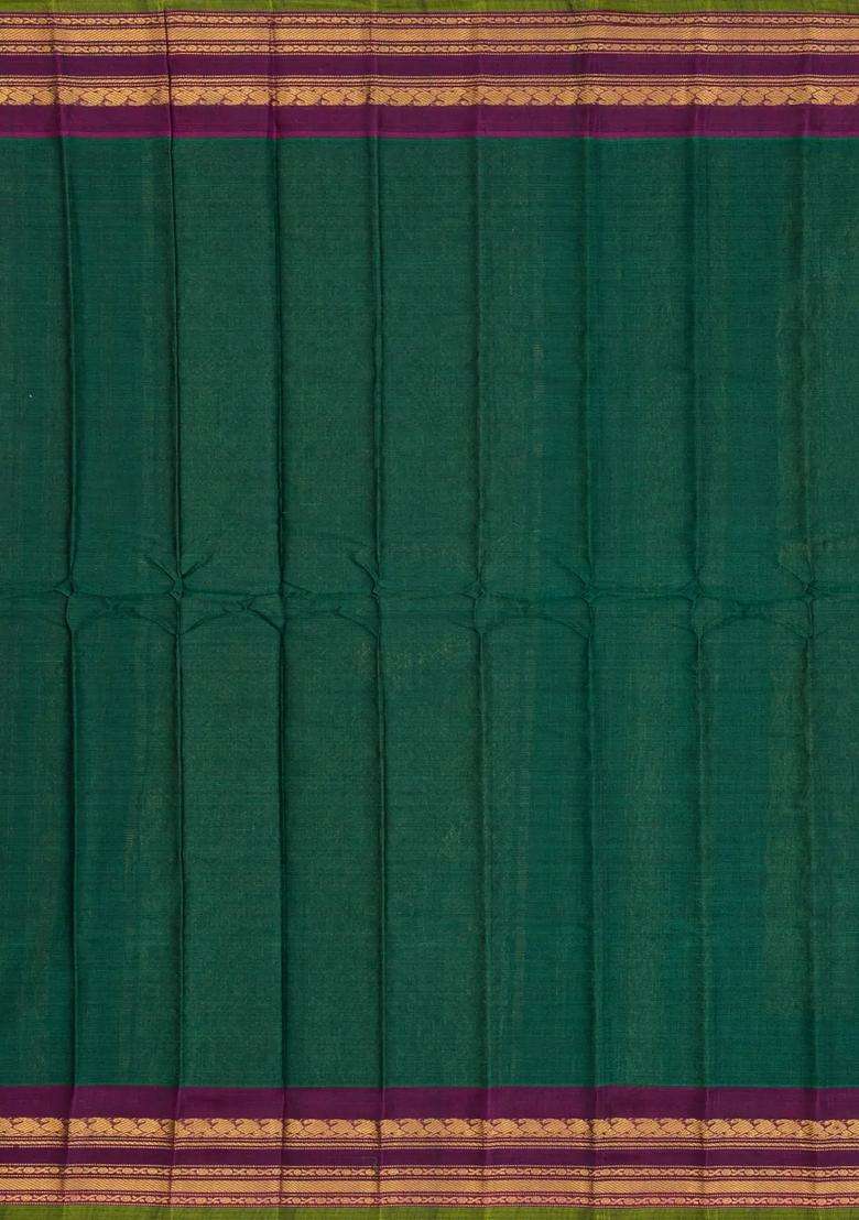 Bottle Green Handloom Gadwal Silk Cotton Saree With Buttas With Buttas And Brocade Design For Women - Indya