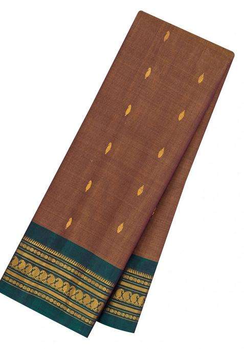 Brown Handloom Gadwal Silk Cotton Saree With Buttas With Buttas And Brocade Design For Women