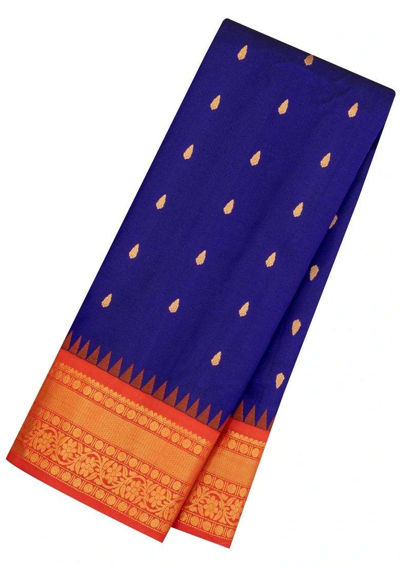 Violet Handloom Gadwal Silk Saree With Buttas Contrast Border With Buttas And Brocade Design For Women - Indya
