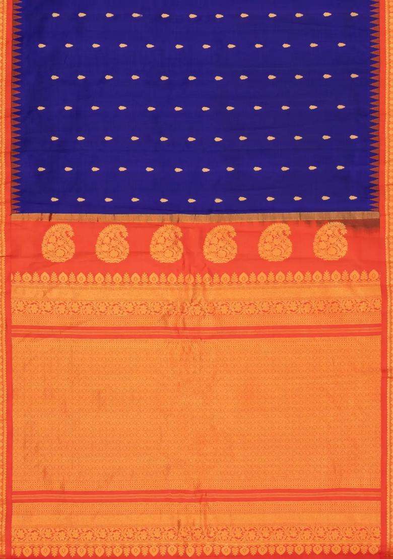 Violet Handloom Gadwal Silk Saree With Buttas Contrast Border With Buttas And Brocade Design For Women - Indya