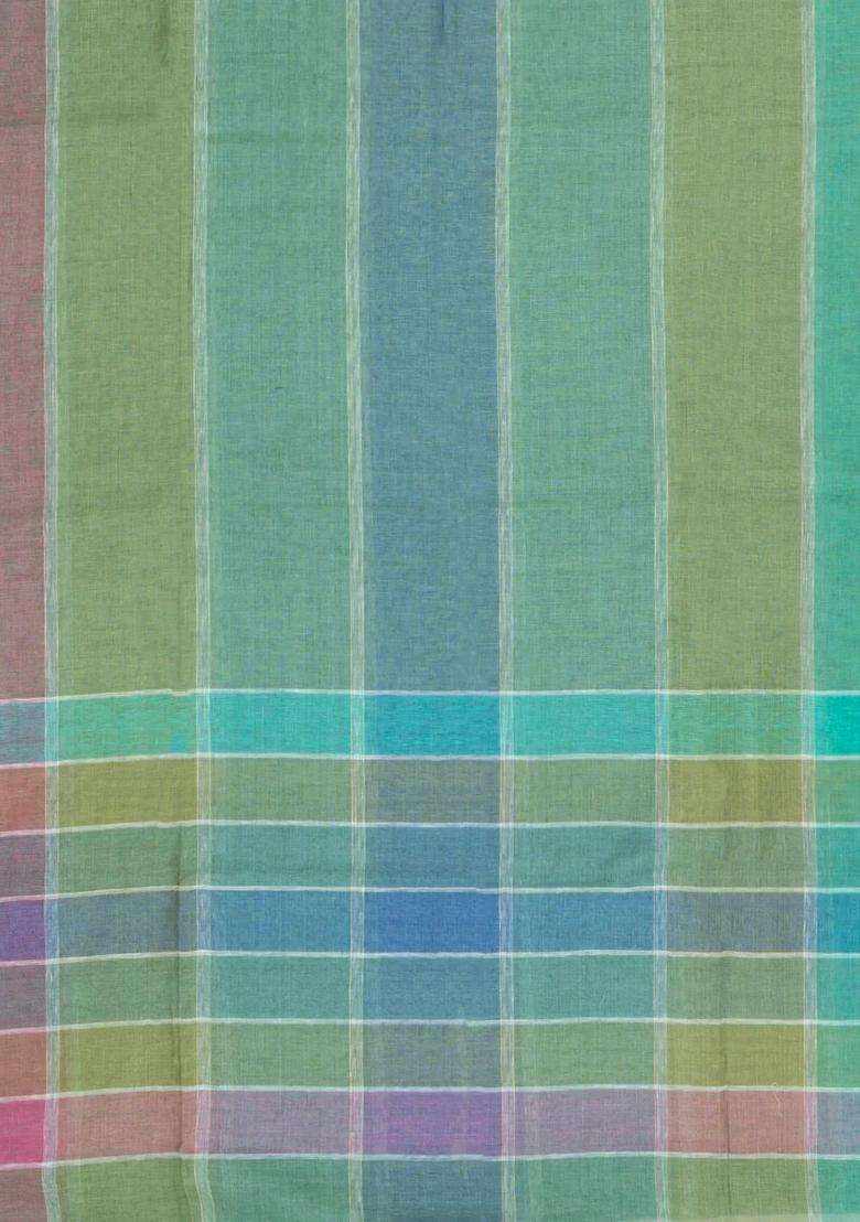 Multi Colour Handloom Linen Saree With Stripes With Checks And Stripes Design For Women - Indya