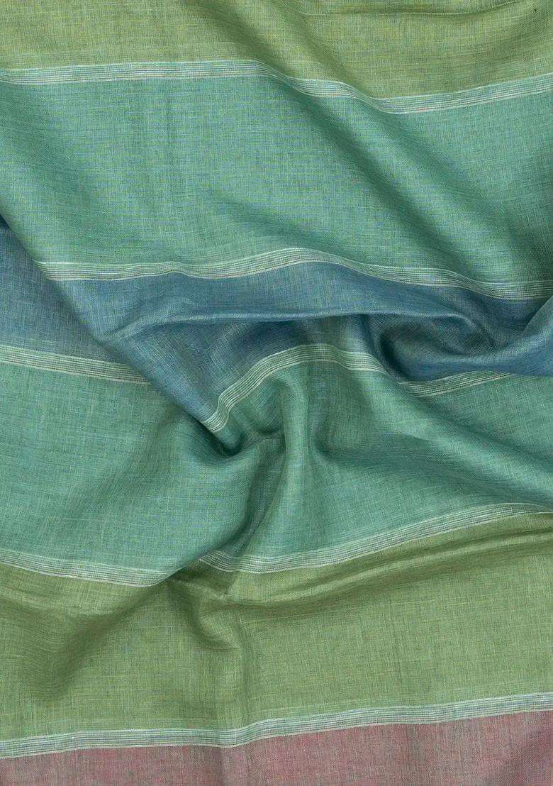 Multi Colour Handloom Linen Saree With Stripes With Checks And Stripes Design For Women - Indya