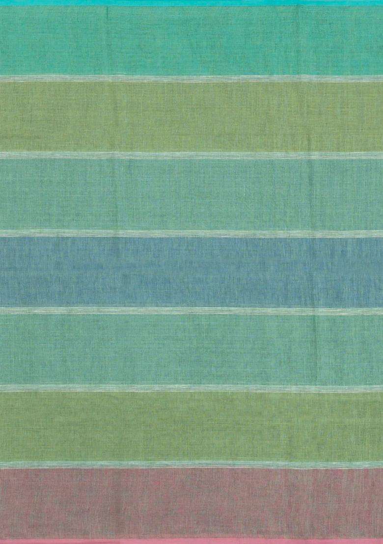 Multi Colour Handloom Linen Saree With Stripes With Checks And Stripes Design For Women - Indya