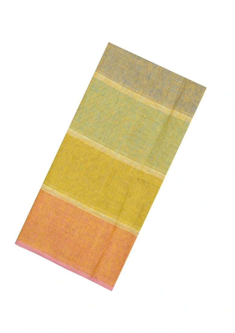 Multi Colour Handloom Linen Saree With Stripes With Checks And Stripes Design For Women - Indya