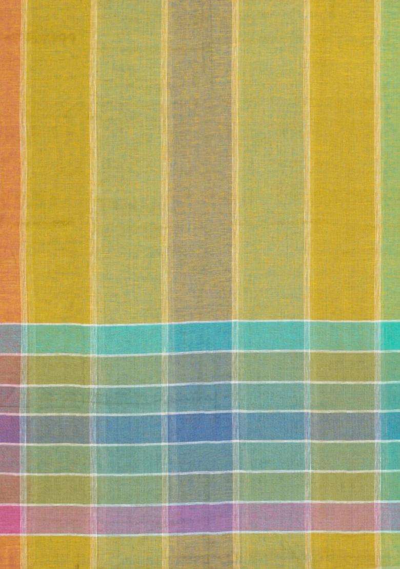 Multi Colour Handloom Linen Saree With Stripes With Checks And Stripes Design For Women - Indya