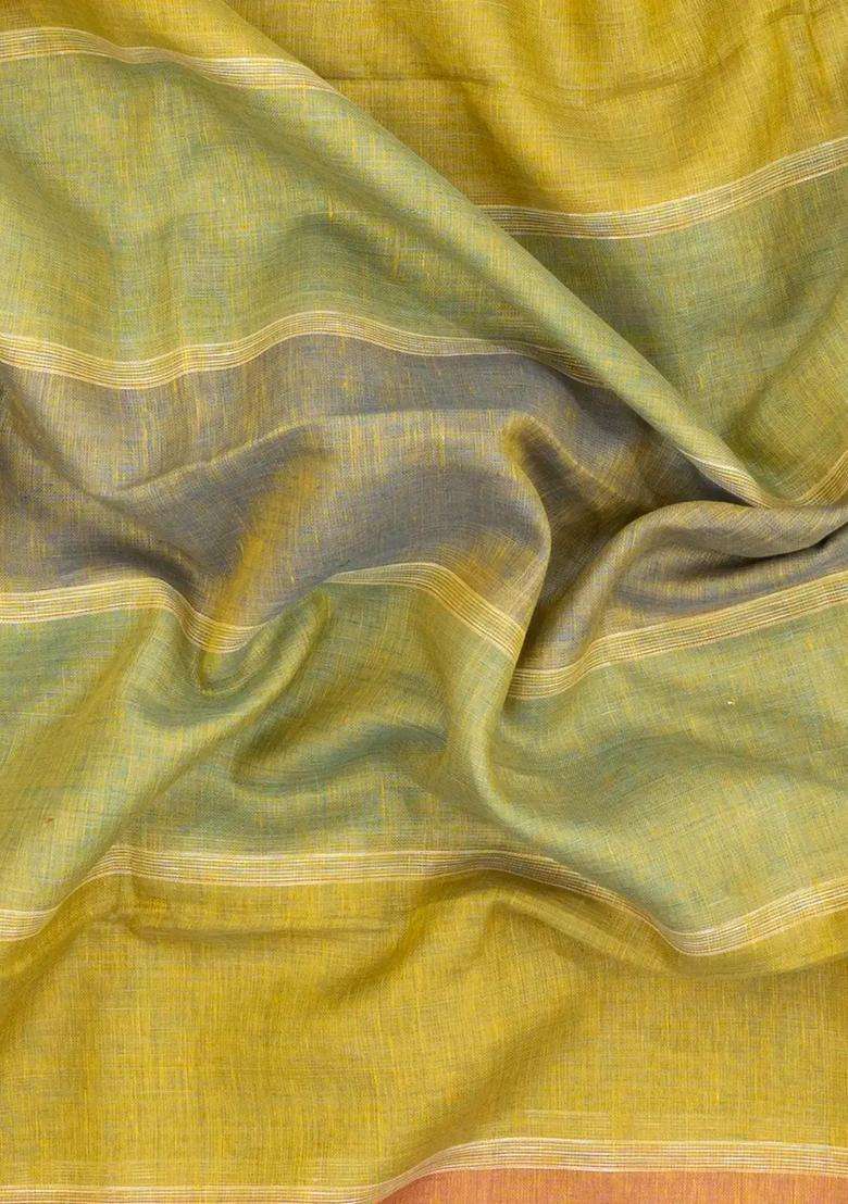 Multi Colour Handloom Linen Saree With Stripes With Checks And Stripes Design For Women - Indya