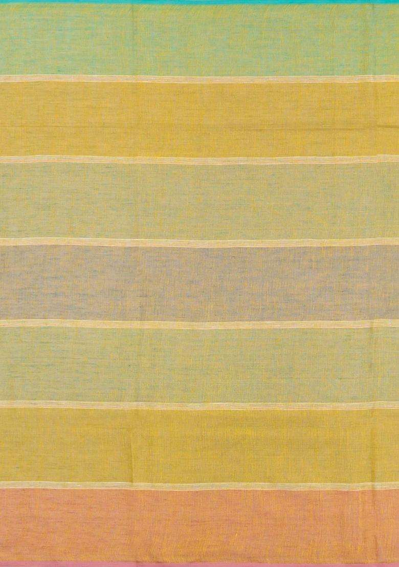 Multi Colour Handloom Linen Saree With Stripes With Checks And Stripes Design For Women - Indya