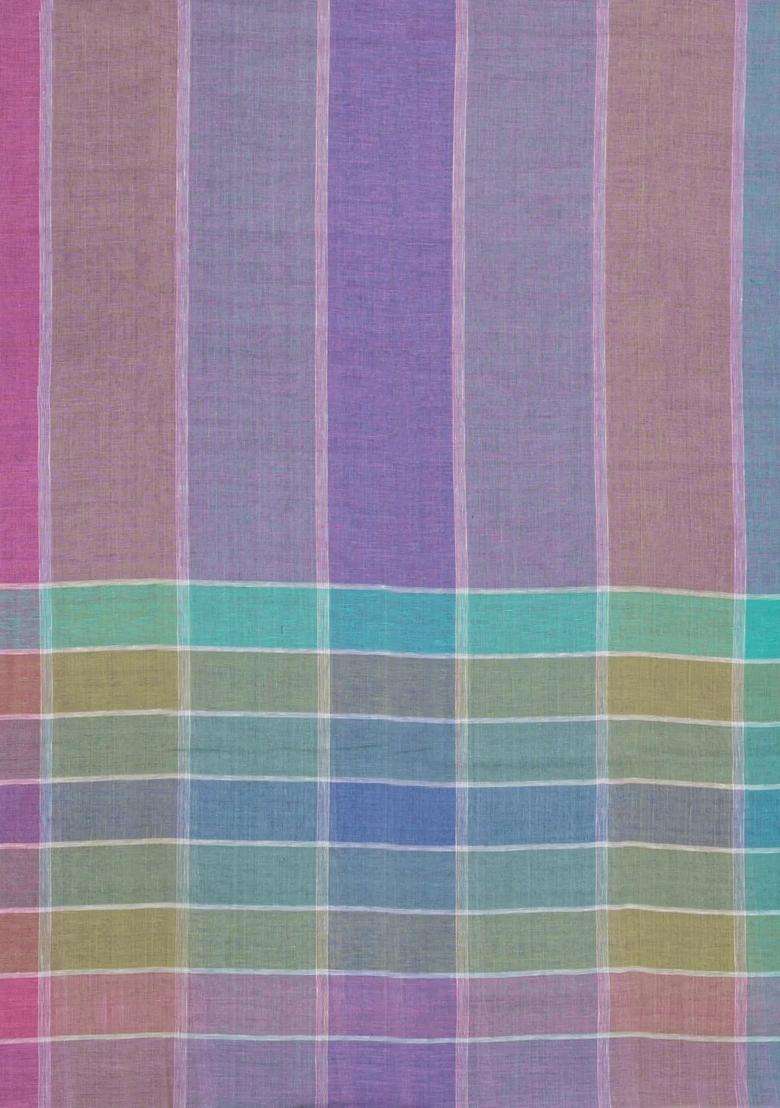 Multi Colour Handloom Linen Saree With Stripes With Checks And Stripes Design For Women - Indya