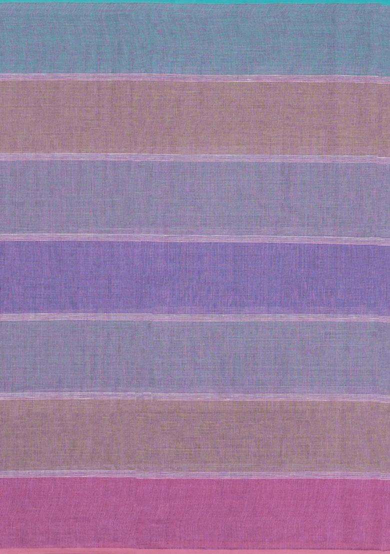 Multi Colour Handloom Linen Saree With Stripes With Checks And Stripes Design For Women - Indya
