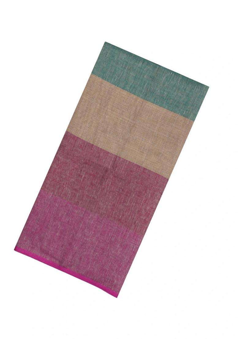 Multi Colour Handloom Linen Saree With Stripes With Checks And Stripes Design For Women - Indya