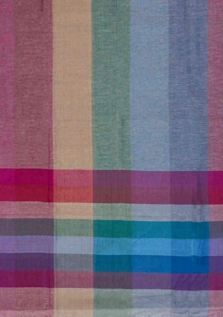 Multi Colour Handloom Linen Saree With Stripes With Checks And Stripes Design For Women - Indya