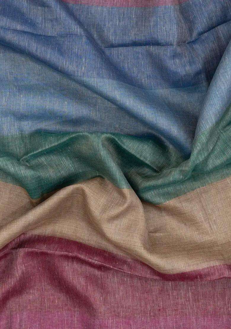 Multi Colour Handloom Linen Saree With Stripes With Checks And Stripes Design For Women - Indya