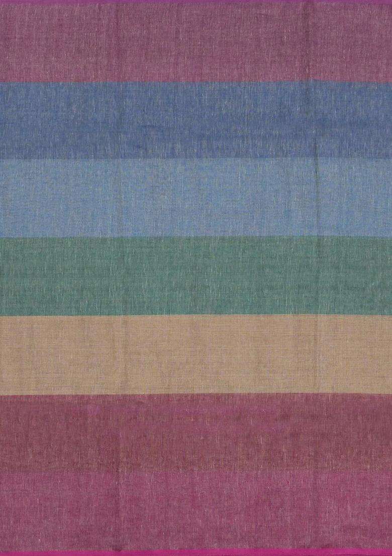 Multi Colour Handloom Linen Saree With Stripes With Checks And Stripes Design For Women - Indya