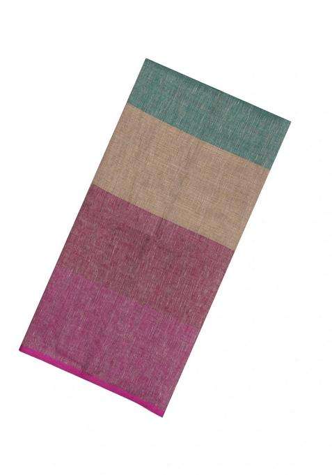 Multi Colour Handloom Linen Saree With Stripes With Checks And Stripes Design For Women