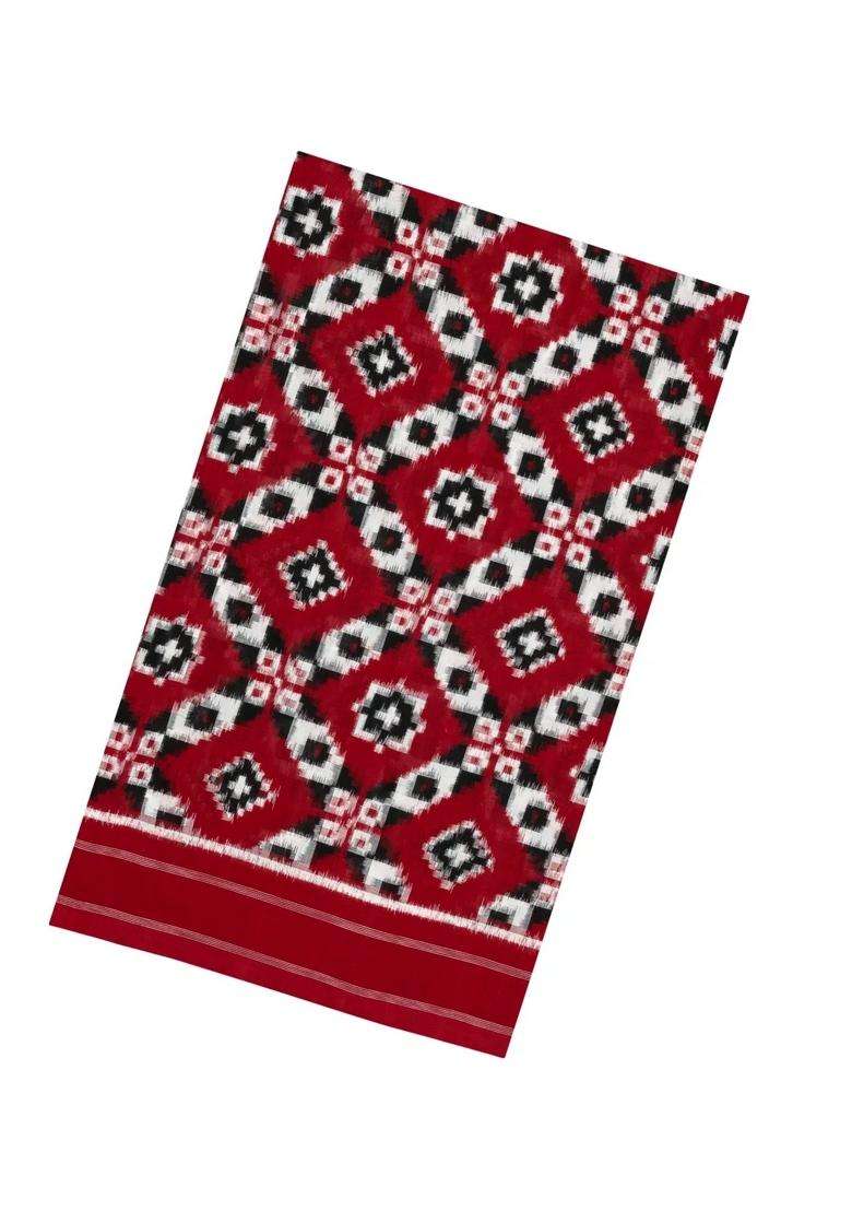 Crimson Handwoven Orissa Cotton Saree With Tie Dye Motifs With Printed Design For Women - Indya