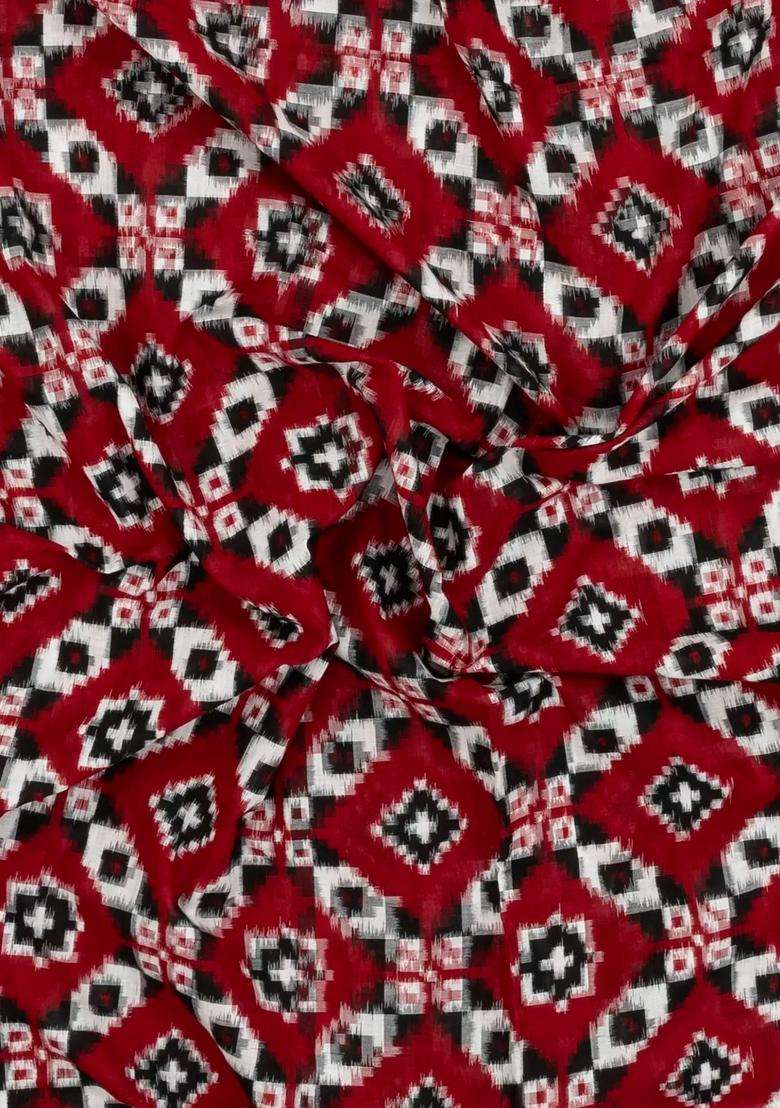 Crimson Handwoven Orissa Cotton Saree With Tie Dye Motifs With Printed Design For Women - Indya