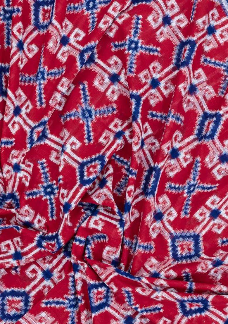 Red Handwoven Orissa Cotton Saree With Tie Dye Motifs With Printed Design For Women - Indya